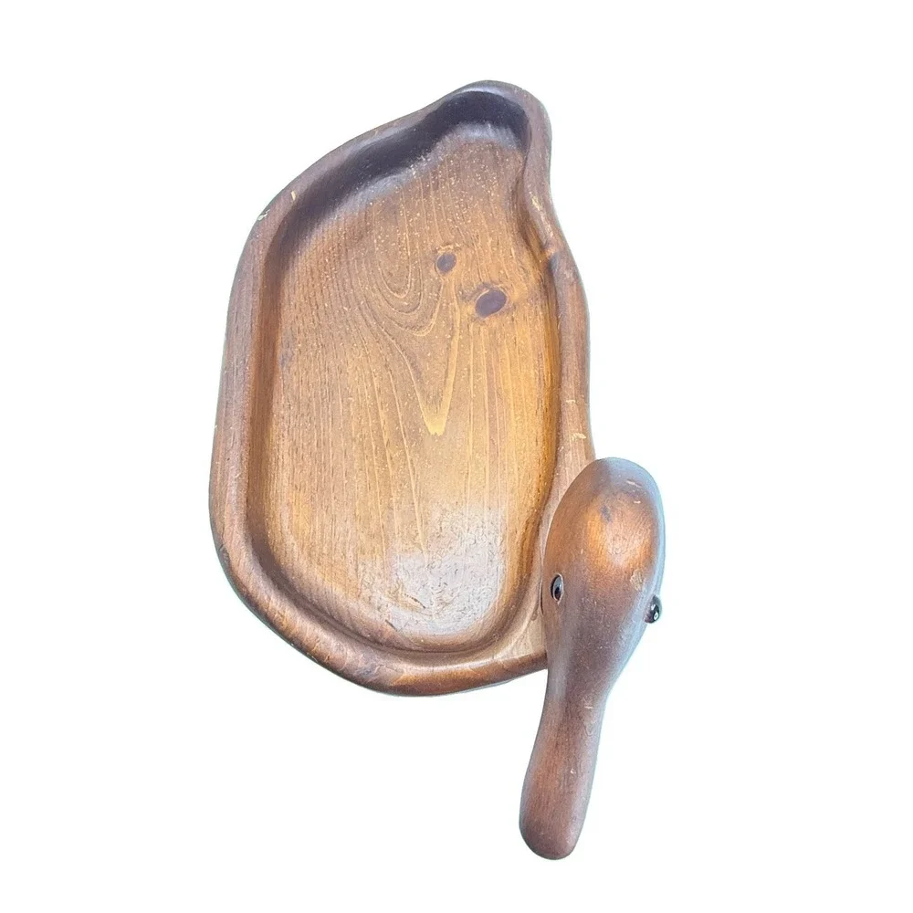Vintage Hand Carved Wooden Duck Catchall Tray MCM Danish Modern Valet Dish 13